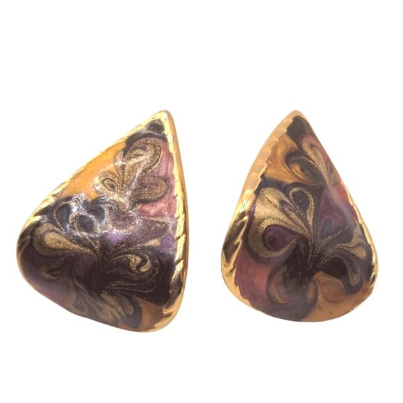 Enamel Abstract Pierced Earrings Large Teardrop Shape Vintage Gold Tone - Picture 1 of 4